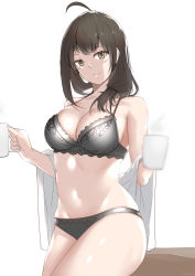 Rule 34 | 1girl, absurdres, bad id, bad pixiv id, black bra, black panties, bow, bow panties, bra, breasts, brown hair, cleavage, coffee cup, cowboy shot, cup, disposable cup, dress shirt, girls&#039; frontline, green eyes, groin, helianthus (girls&#039; frontline), highres, lace, lace-trimmed bra, lace-trimmed panties, lace trim, large breasts, leaning on table, looking at viewer, navel, neoguri, off shoulder, panties, partially undressed, shirt, smile, solo, thighs, underwear