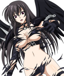 Rule 34 | 10s, 1girl, black hair, breasts, high school dxd, large breasts, long hair, looking at viewer, navel, open mouth, purple eyes, raynare, solo, third-party edit, torn clothes