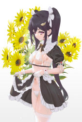 1girl, bikini, black hair, breasts, cirilla, erect nipples, flower, gloves, hair ornament, highres, lifted by self, long hair, looking at viewer, navel, original, see-through, simple background, skirt, skirt lift, smile, solo, sunflower, swimsuit, thighhighs, twintails, white background, white bikini, white gloves, white legwear
