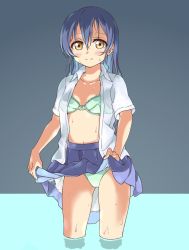 Rule 34 | 10s, 1girl, blue hair, blush, bra, clothes lift, commentary request, dress shirt, hair between eyes, lifted by self, long hair, looking at viewer, love live!, love live! school idol project, open clothes, open shirt, otonokizaka school uniform, panties, pleated skirt, school uniform, shirt, simple background, skirt, skirt lift, solo, sonoda umi, standing, tetopetesone, underwear, wading, water, white shirt, yellow eyes