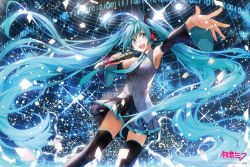 Rule 34 | 1girl, :d, armpits, black thighhighs, blue eyes, blue hair, detached sleeves, hatsune miku, holding, komecchi, long hair, looking at viewer, matching hair/eyes, microphone, music, necktie, open mouth, pleated skirt, singing, skirt, smile, solo, thighhighs, twintails, very long hair, vocaloid, zettai ryouiki
