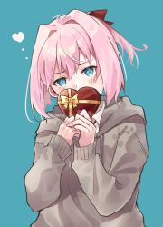 Rule 34 | 1girl, aqua background, blue eyes, blush, box, gift, gift box, grey hoodie, hair between eyes, heart, heart-shaped box, highres, holding, holding gift, hood, hoodie, kantai collection, long sleeves, pink hair, ponytail, shiranui (kancolle), short hair, simple background, solo, u yuz xx, upper body, valentine