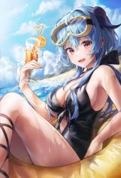 Rule 34 | 1girl, absurdres, alternate costume, bad id, bad twitter id, bare arms, blue hair, blue sky, breasts, cleavage, day, drink, eyewear on head, ganyu (genshin impact), genshin impact, highres, innertube, knees up, long hair, looking at viewer, medium breasts, nagul, one-piece swimsuit, open mouth, outdoors, purple eyes, sitting, sky, smile, solo, swim ring, swimsuit, thighs, wet