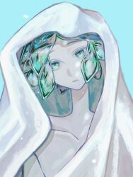 Rule 34 | 1other, androgynous, bed sheet, collarbone, colored skin, crystal hair, expressionless, gem, gradient hair, green eyes, green hair, head tilt, highres, houseki no kuni, kana o oti, multicolored hair, naked sheet, nude, other focus, parted bangs, parted lips, phosphophyllite, short hair, solo, white skin