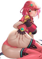 Rule 34 | 1girl, :o, absurdres, ass, blush, breasts, fingerless gloves, gloves, hand on own ass, highres, large breasts, looking at viewer, lying, nemunemu semi, on side, parted lips, pyra (xenoblade), red eyes, red hair, red thighhighs, solo, thighhighs, thighs, xenoblade chronicles (series), xenoblade chronicles 2