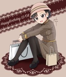 Rule 34 | 10s, 1girl, absurdres, alternate costume, alternate hairstyle, artist name, asymmetrical bangs, bag, black eyes, black footwear, black hair, black pantyhose, braid, brown background, brown dress, brown hat, commentary, dated, doily, dress, earrings, english text, full body, girls und panzer, happy birthday, hat, highres, hugging own legs, jewelry, leaning forward, long hair, long sleeves, looking at viewer, mary janes, nishi kinuyo, open mouth, pantyhose, parda siko, pearl earrings, plaid, plaid dress, retro artstyle, shoes, shopping bag, signature, sitting, smile, solo, twin braids