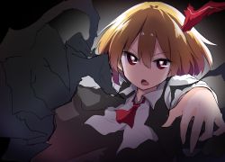 Rule 34 | 1girl, ascot, bad id, bad twitter id, blonde hair, bow, chipa (arutana), collared shirt, fang, hair between eyes, hair bow, looking at viewer, open mouth, red bow, red eyes, rumia, shirt, short hair, solo, touhou, upper body, white shirt