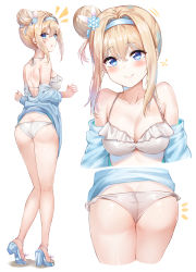 Rule 34 | 1girl, absurdres, ass, bare back, bare shoulders, bikini, blonde hair, blue eyes, blue footwear, blue jacket, blush, breasts, butt crack, cleavage, closed mouth, collarbone, commentary request, frilled bikini, frills, full body, girls&#039; frontline, hair between eyes, hair bun, hair intakes, hair ornament, hairband, halterneck, head tilt, heel up, high heels, highres, jacket, korean commentary, long hair, looking at viewer, looking back, medium breasts, multiple views, off shoulder, official alternate costume, open clothes, open jacket, rabbit hair ornament, sandals, shoulder blades, sidelocks, simple background, single hair bun, smile, snowflake hair ornament, standing, sunhyun, suomi (girls&#039; frontline), suomi (midsummer pixie) (girls&#039; frontline), swimsuit, white background, white bikini
