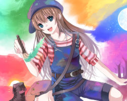 Rule 34 | art brush, bad id, bad pixiv id, bag, blue eyes, blue overalls, boots, brown hair, colorful, cross-laced footwear, hase neet, hat, lace-up boots, moon, overalls, paintbrush, solo, star (symbol), star in eye, striped, symbol in eye