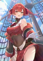 Rule 34 | 1girl, absurdres, ascot, blue sky, breasts, cloud, covered navel, day, gloves, hair ribbon, heterochromia, highres, hololive, houshou marine, huge filesize, looking at viewer, medium breasts, outdoors, red ascot, red eyes, red hair, red ribbon, red skirt, ribbon, shiina aoi, short hair, skirt, sky, solo, sunlight, thighs, twintails, virtual youtuber, white gloves, yellow eyes