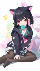Rule 34 | 1girl, animal ears, ascot, black choker, black hair, black hoodie, black pantyhose, blue archive, blunt bangs, blush, cat ears, cat girl, choker, collarbone, colored inner hair, drawstring, extra ears, food, food in mouth, foot out of frame, green sailor collar, hair ornament, hairclip, halo, highres, hood, hood down, hoodie, kazusa (blue archive), long sleeves, looking at viewer, macaron, measho, mouth hold, multicolored hair, no shoes, pantyhose, pink ascot, pink hair, pink halo, pleated skirt, red eyes, sailor collar, short hair, sitting, skirt, solo, toes, white skirt, yokozuwari