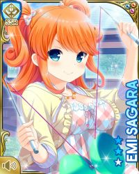 Rule 34 | 1girl, alternate costume, blouse, blue eyes, bow, character name, closed mouth, diabolo, food, girlfriend (kari), hair ornament, holding, indoors, looking at viewer, official art, orange hair, qp:flapper, sagara emi, shirt, smile, tagme, toy, twintails, v-shaped eyebrows, yellow shirt