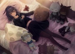 Rule 34 | 1girl, absurdres, animal ears, bed, bow, commission, dark skin, facial mark, hair ornament, hairclip, highres, indie virtual youtuber, indoors, lying, md5 mismatch, midriff, mouse ears, mouse girl, mouse tail, on back, on bed, pantyhose, pillow, purple hair, red eyes, resolution mismatch, school uniform, short hair, siruru0503, source smaller, stuffed toy, tail, virtual youtuber, yatra (vtuber)
