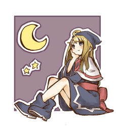 Rule 34 | 1girl, blonde hair, blue dress, blue eyes, blue footwear, blue hat, boots, capelet, closed mouth, crescent moon, crossed ankles, dress, full body, hand on own face, hat, long hair, long sleeves, looking up, madou monogatari, moon, nishikuromori, pink ribbon, puyopuyo, ribbon, sash, sitting, smile, solo, star (symbol), straight hair, white capelet, wide sleeves, witch (puyopuyo)