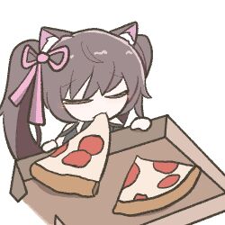 Rule 34 | 1girl, animal ears, brown hair, cat ears, cat girl, chibi, closed eyes, eating, food, goddess of victory: nikke, hair ribbon, hobagi, light blush, lowres, nero (nikke), pink ribbon, pizza, pizza slice, ribbon, solo, transparent background, twintails