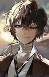 Rule 34 | 1boy, bandaged neck, bandages, black eyes, black hair, brown jacket, bungou stray dogs, closed mouth, cloud, cloudy sky, dazai osamu (bungou stray dogs), hair between eyes, highres, jacket, looking at viewer, male focus, outdoors, portrait, shirt, short hair, sky, smile, solo, sunlight, white shirt, ya ta