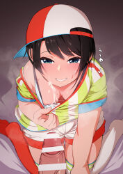 Rule 34 | 1girl, absurdres, backwards hat, bar censor, baseball cap, black hair, breasts, censored, cum, cum on body, cum on breasts, cum on upper body, downblouse, erection, facial, flashing, from above, green eyes, grin, hand up, hat, highres, hololive, kneeling, looking at viewer, looking up, medium breasts, naughty face, nipples, oozora subaru, oozora subaru (1st costume), over-kneehighs, parted bangs, penis, shirt, short hair, short shorts, short sleeves, shorts, smile, solo focus, sports bra, striped clothes, striped shirt, suikabakunn, sweat, swept bangs, t-shirt, thighhighs, veins, veiny penis, vertical-striped clothes, vertical-striped shirt, virtual youtuber