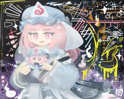 Rule 34 | 1girl, :d, blue hat, blue kimono, bright pupils, doll, fumo (doll), ghost, hat, heart, holding, holding doll, japanese clothes, kimono, long sleeves, medium hair, mob cap, open mouth, pink eyes, pink hair, saigyouji yuyuko, smile, solo, thatpebble, touhou, triangular headpiece, upper body, veil, white pupils, wide sleeves