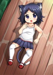 Rule 34 | 1girl, animal ears, atf, blue eyes, blue hair, blush, camisole, cat ears, cat tail, highres, izuna kazuki, red shoes, shoes, skirt, slit pupils, tail, thighhighs, white camisole, white legwear