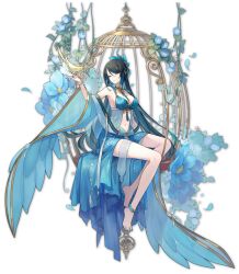 Rule 34 | 1girl, artist request, barefoot, bird, bird on hand, birdcage, black hair, blue dress, blue flower, blue hair, blue nails, bracelet, breasts, cage, clothing cutout, cockatiel, dress, feet, flower, highres, jewelry, large breasts, leaf, looking at animal, mahjong soul, multicolored hair, nail polish, navel, official art, qing luan, solo, stomach cutout, transparent background
