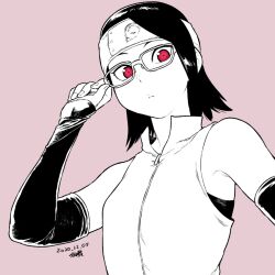 Rule 34 | 1girl, bare shoulders, boruto: naruto next generations, dated, detached sleeves, forehead protector, glasses, greyscale, looking at viewer, monochrome, naruto (series), red eyes, short hair, signature, simple background, solo, spot color, tsukudani (coke-buta), uchiha sarada