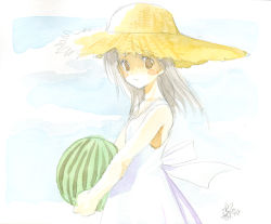 Rule 34 | 1girl, azuma yuki, dress, food, fruit, hat, holding, holding food, holding fruit, solo, straw hat, traditional media, watermelon