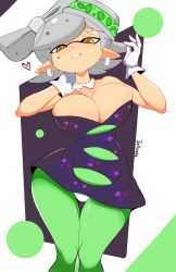 1girl black_dress breasts bursting_breasts cleavage collar domino_mask dress gloves green_background green_pantyhose grey_hair hair_ornament highres inkling jellcaps large_breasts looking_at_viewer marie_(splatoon) mask mole mole_under_eye nintendo panties panties_over_pantyhose pantyhose pointy_ears purple_background short_hair smile solo splatoon_(series) star-shaped_pupils star_(symbol) strapless symbol-shaped_pupils tagme tentacle_hair underwear white_background white_gloves white_panties wide_hips yellow_eyes