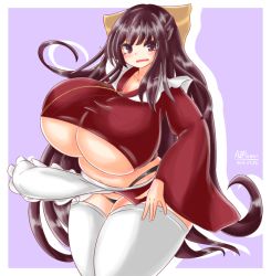 Rule 34 | 10s, 1girl, alternate breast size, apron, ayazumi flutter, black panties, breasts, brown eyes, brown hair, female focus, gigantic breasts, hair ornament, hair ribbon, kamikaze (kancolle), kantai collection, long hair, looking at viewer, panties, plump, ribbon, simple background, solo, thighhighs, underboob, underwear, very long hair, waist apron, white thighhighs
