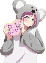 Rule 34 | 1girl, :&gt;, alternate costume, animal hood, anyoji hime, blue eyes, blunt bangs, blush, closed mouth, commentary request, english text, heart, heart-shaped pillow, highres, holding, holding pillow, hood, hood up, kametora (kametora02), koala, link! like! love live!, looking at viewer, love live!, pillow, pillow writing, pink hair, simple background, smile, solo, swept bangs, virtual youtuber, white background