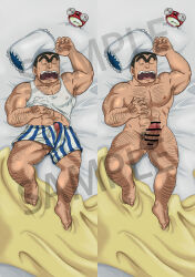 Rule 34 | 1boy, abs, arm hair, back hair, bara, bed sheet, black hair, boxers, chest hair, completely nude, covered erect nipples, dakimakura (medium), erection, facial hair, foot hair, from above, full body, gluteal fold, goatee stubble, hairy, hand hair, hand under clothes, highres, hikoero (983197), huge eyebrows, knuckle hair, kochikame, leg hair, lying, male focus, male underwear, mature male, midriff peek, morning wood, multiple views, muscular, muscular male, mustache stubble, navel, navel hair, nipples, nude, on back, pectorals, penis, penis peek, ryoutsu kankichi, sample watermark, scratching chest, short hair, sideburns, stomach, striped male underwear, stubble, tank top, thick thighs, thighs, underwear, unibrow, watermark, white tank top