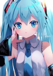 Rule 34 | 1girl, :&lt;, aqua eyes, aqua hair, aqua necktie, bare shoulders, black sleeves, commentary, detached sleeves, grey shirt, hair ornament, hand on own head, hatsune miku, head rest, highres, long hair, looking at viewer, necktie, shirt, signature, sleeveless, sleeveless shirt, solo, takepon1123, twintails, upper body, very long hair, vocaloid