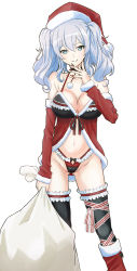 Rule 34 | 02akst, 10s, 1girl, babydoll, blue eyes, breasts, choker, christmas, cleavage, female focus, frilled thighhighs, frills, hat, kantai collection, kashima (kancolle), large breasts, lingerie, looking at viewer, panties, sack, santa hat, silver hair, smile, solo, thighhighs, twintails, underwear, underwear only