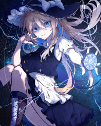 Rule 34 | 1girl, alternate eye color, apron, black dress, blonde hair, blue eyes, boots, bow, braid, buttons, cross-laced footwear, dress, floating, frilled dress, frills, hair bow, hat, hat bow, highres, kirisame marisa, long hair, mini-hakkero, muraryo, puffy sleeves, short sleeves, side braid, single braid, solo, star (sky), touhou, waist apron, white bow, witch hat