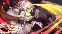 Rule 34 | 1girl, armor, armored dress, back bow, black thighhighs, blonde hair, bow, cape, closed mouth, cowboy shot, energy sword, fighting stance, flower knight girl, furrowed brow, fuyusango (flower knight girl), gauntlets, highres, holding, holding sword, holding weapon, looking at viewer, mizunashi (second run), multicolored hair, pauldrons, serious, short hair, shoulder armor, single pauldron, skirt, slashing, solo, sword, thighhighs, two-tone hair, weapon, white bow, white cape, white hair, white skirt, yellow eyes, zettai ryouiki
