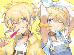 Rule 34 | 1boy, 1girl, arms up, black choker, blonde hair, blue eyes, braid, brother and sister, brown nails, choker, closed mouth, collared shirt, commentary request, flower, food, food in mouth, grin, hair between eyes, hair flower, hair ornament, hair ribbon, hairclip, kagamine len, kagamine rin, nail polish, one eye closed, open clothes, open shirt, orange scrunchie, overalls, popsicle, ribbon, saihate (d3), scrunchie, shirt, siblings, smile, star (symbol), upper body, vocaloid, white ribbon, white shirt, yellow flower, yellow shirt
