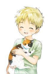 Rule 34 | 1boy, blue collar, blush, calico, cat, closed eyes, collar, green shirt, highres, holding, kimura b, male focus, open mouth, original, shirt, short sleeves, simple background, smile, solo, t-shirt, white background