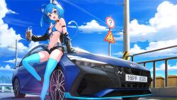 Rule 34 | 1girl, absurdres, ahoge, animal ear fluff, animal ears, arm strap, armpit crease, bare shoulders, bikini, black choker, black footwear, black gloves, black jacket, black shorts, blue bikini, blue car, blue eyes, blue hair, blue sky, blue theme, blue thighhighs, breasts, car, cat ears, cat girl, cat tail, choker, cloud, contrail, cropped jacket, cup, day, disposable cup, fingerless gloves, front-tie bikini top, front-tie top, gloves, guard rail, halterneck, highleg, highleg bikini, highres, highway, holding, holding cup, hyundai, hyundai elantra, hyundai elantra n, jacket, license plate, long sleeves, looking at viewer, medium hair, micro shorts, motor vehicle, mountain, navel, off shoulder, one side up, open clothes, open fly, open jacket, open mouth, original, outdoors, pjman, power lines, race queen, railing, road sign, shadow, shoes, shorts, side-tie bikini bottom, sign, skindentation, sky, small breasts, smile, solo, sports car, stomach, strap gap, string bikini, swimsuit, tail, tail raised, thighhighs, thighs, utility pole