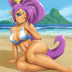 1girl ass bikini bikini_top_only blue_eyes bottomless closed_mouth eyebrows highres hip_focus huge_ass long_hair looking_at_viewer pointy_ears ponytail purple_hair shantae shantae_(series) smile solo swimsuit thick_thighs thighs water wide_hips zask