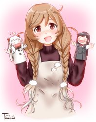 Rule 34 | 1girl, 2019, :d, ahoge, apron, artist name, asashio (kancolle), black hair, braid, brown eyes, cloud hair ornament, commentary request, dated, dress, hand puppet, highres, kantai collection, light brown hair, long hair, looking at viewer, minegumo (kancolle), neck ribbon, northern ocean princess, open mouth, pinafore dress, pink background, puppet, purple sweater, red ribbon, ribbon, simple background, sleeveless, sleeveless dress, smile, solo, sweater, turtleneck, turtleneck sweater, twin braids, ura tomomi, white hair