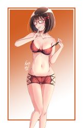 Rule 34 | 1girl, absurdres, artist name, bow, bra, breasts, brown hair, cleavage, dated, finger to mouth, glasses, gradient background, hair bow, hibike! euphonium, highres, hisaishi kanade, kaije7, lace, lace-trimmed bra, lace-trimmed panties, lace trim, legs, looking at viewer, navel, orange background, panties, red bow, red bra, red panties, short hair, shushing, simple background, solo, standing, underwear
