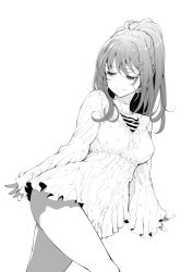 Rule 34 | 1girl, akino sora, breasts, closed mouth, commentary request, copyright request, dress, from side, greyscale, half-closed eyes, highres, large breasts, long hair, long sleeves, looking down, monochrome, ponytail, shirt, short dress, simple background, sleeves past wrists, smile, solo, standing, striped clothes, striped shirt, white background