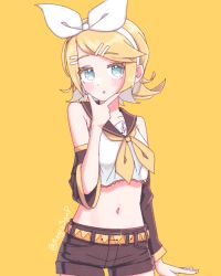 Rule 34 | 1girl, aegissanp, aqua eyes, blonde hair, blouse, blue eyes, bow, detached sleeves, hair bow, hair ornament, hairclip, hand on own chin, highres, kagamine rin, looking at viewer, open mouth, sailor collar, shirt, shorts, sleeveless, sleeveless shirt, solo, stroking own chin, treble clef, twitter username, vocaloid, yellow background