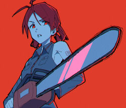 1girl antenna_hair black_shirt black_sleeves breasts buttons chainsaw clenched_teeth collared_shirt detached_sleeves drill_hair highres holding holding_chainsaw kasane_teto looking_to_the_side pocket red_background red_eyes red_hair red_trim shirt simple_background sleeveless sleeveless_shirt small_breasts solo teeth twin_drills upper_body utau wing_collar yasutange