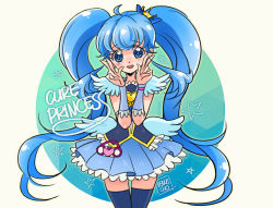 Rule 34 | 10s, 1girl, blue dress, blue eyes, blue hair, blue thighhighs, bow, brooch, character name, crown, cure princess, double v, dress, hair bow, happinesscharge precure!, heart, heart brooch, jewelry, long hair, magical girl, matching hair/eyes, mini crown, precure, shirayuki hime, skirt, smile, solo, thighhighs, twintails, v, venuscho