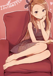 Rule 34 | 1girl, bad id, bad pixiv id, barefoot, bracelet, brown eyes, brown hair, chair, couch, dress, feet, hairband, idolmaster, idolmaster (classic), jewelry, k@ito90p, legs, long hair, minase iori, red upholstery, smile, solo