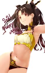 Rule 34 | 1girl, 2021, armpits, bikini, black bikini bottom, black hair, breasts, brown eyes, commentary request, crop top, earrings, fate/grand order, fate (series), happy new year, hoop earrings, ishtar (fate), jewelry, long hair, looking at viewer, minakuchi takashi, navel, neck ring, new year, small breasts, smile, solo, swimsuit, two side up