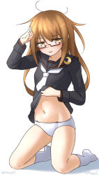 1girl black_sailor_collar black_serafuku blush brown_eyes brown_hair crescent crescent_pin dated glasses hair_ornament kantai_collection kneeling long_hair long_sleeves looking_at_viewer mochizuki_(kancolle) navel neckerchief necktie no_pants one-hour_drawing_challenge open_mouth panties ray.s red-framed_eyewear sailor_collar school_uniform semi-rimless_eyewear serafuku shadow solo twitter_username under-rim_eyewear underwear white_necktie white_panties