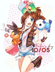 Rule 34 | 1girl, ;d, blue eyes, blue shorts, blush, boots, brown footwear, brown hair, brown vest, character name, clothed pokemon, commentary, creatures (company), dated, eyelashes, game freak, gen 5 pokemon, highres, hilda (pokemon), long hair, looking at viewer, nintendo, one eye closed, open clothes, open mouth, open vest, oshawott, pokemon, pokemon (creature), pokemon bw, shirt, short shorts, shorts, sidelocks, smile, snivy, snowsakurachan, tepig, tongue, vest, white shirt