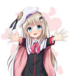 Rule 34 | 1girl, akabane hibame, bad id, bad pixiv id, bat hair ornament, beret, blue eyes, bow, cape, facing viewer, fang, hair ornament, hat, head tilt, highres, large buttons, little busters!, noumi kudryavka, open mouth, pink bow, school uniform, silver hair, solo, upper body, white cape, white hat
