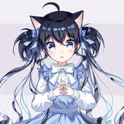 Rule 34 | 1girl, ahoge, animal ears, black hair, blouse, blue bow, blue dress, blue eyes, blue ribbon, blush, bow, cat ears, colored eyelashes, dress, extra ears, frilled dress, frills, grey background, hair between eyes, hair bow, hair ribbon, head tilt, long hair, long sleeves, looking at viewer, mechuragi, open mouth, original, puffy long sleeves, puffy sleeves, ribbon, shirt, sleeveless, sleeveless dress, solo, spread fingers, steepled fingers, tareme, twintails, two-tone background, undershirt, upper body, very long hair, white bow, white shirt